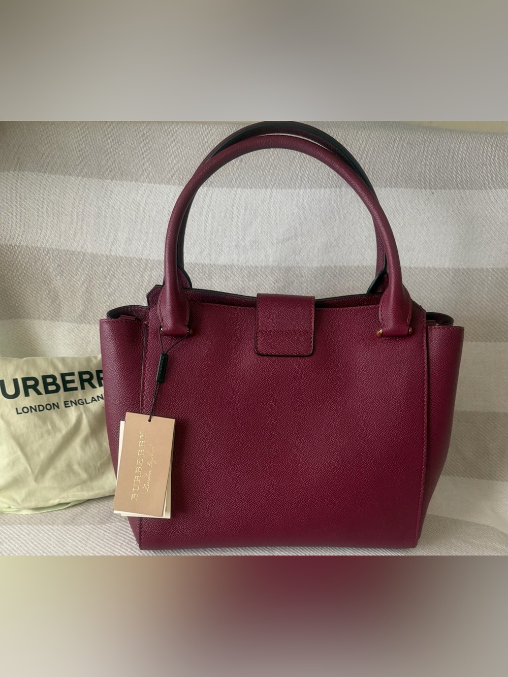 Burberry Burgundy Leather Top-Handle Satchel with Check Strap - Picture 5 of 12
